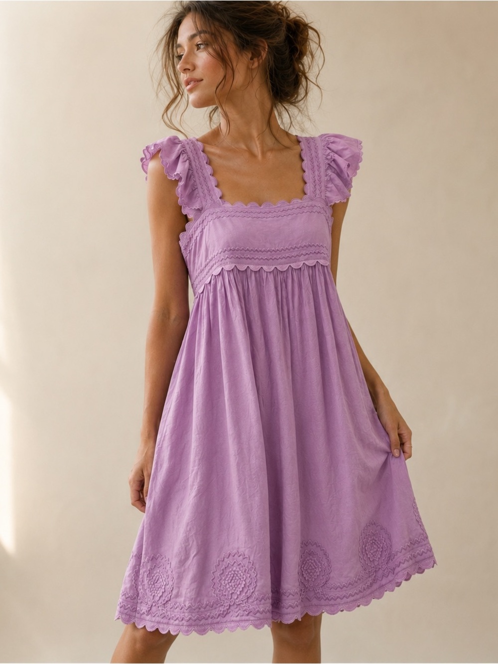 J. Marie Square-Neck Lilac Embroidered Mini Linen Blend Dress - Picture 1 of 9